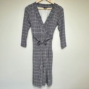 Ann Taylor‎ Geometric Wrap Dress Womens Size 4 Black White Career Stretch Travel